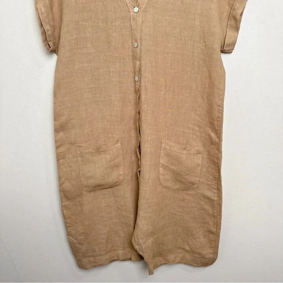 Made In Italy Womens Medium Linen Vneck Button Tan Romper - Picture 8 of 13